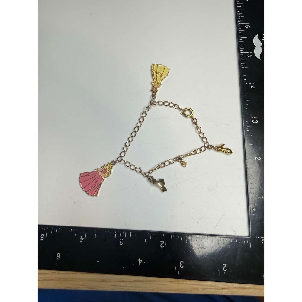 Disney Princess Charm Bracelet Gold Tone Enamel Pink Yellow Dress Slipper Castle